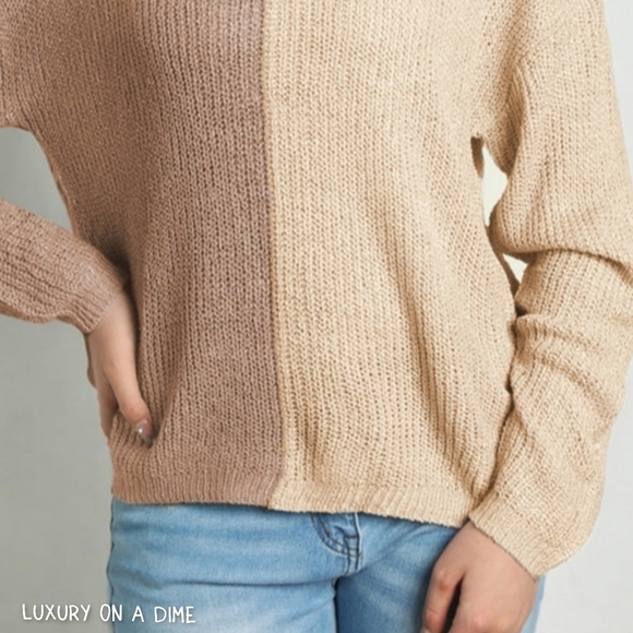 Color Block Two-Tone Contrast V-Neck Lightweight Shirt Pullover Knit Sweater Top - Picture 8 of 9